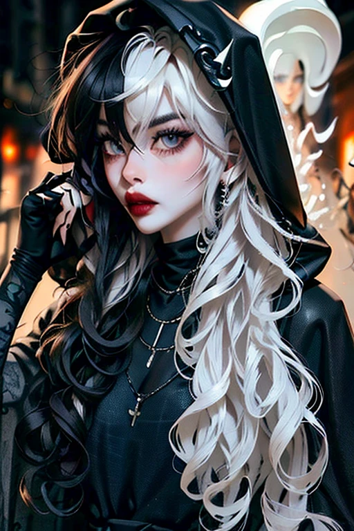 (masterpiece, best quality:1.2), ((detailed)), [graveyar:girl:0.9], 1girl, solo, beautiful, gothic, witch, gloomy, Asian woman, mature, black clothing, hooded black robe, modest clothing, hood up, goddess of death, blank expression, stoic expression, serious expression, split dye hair, multicolored hair, black and white hair, black dye on right side, white hair on left side, messy hair, bangs, black eyebrows, thick eyebrows, long eyelashes, grey eyes, dark circles under eyes, plump lips, red lipstick, red lips, no skin showing, skinny, pale skin, thin, sickly looking, looking at viewer, holding scythe, in graveyard, Wylona Hayashi, all black clothing, black hood, full body shot, cemetery background, standing, standing in a cemetery, holding scythe, windy, wind blowing, black long sleeves