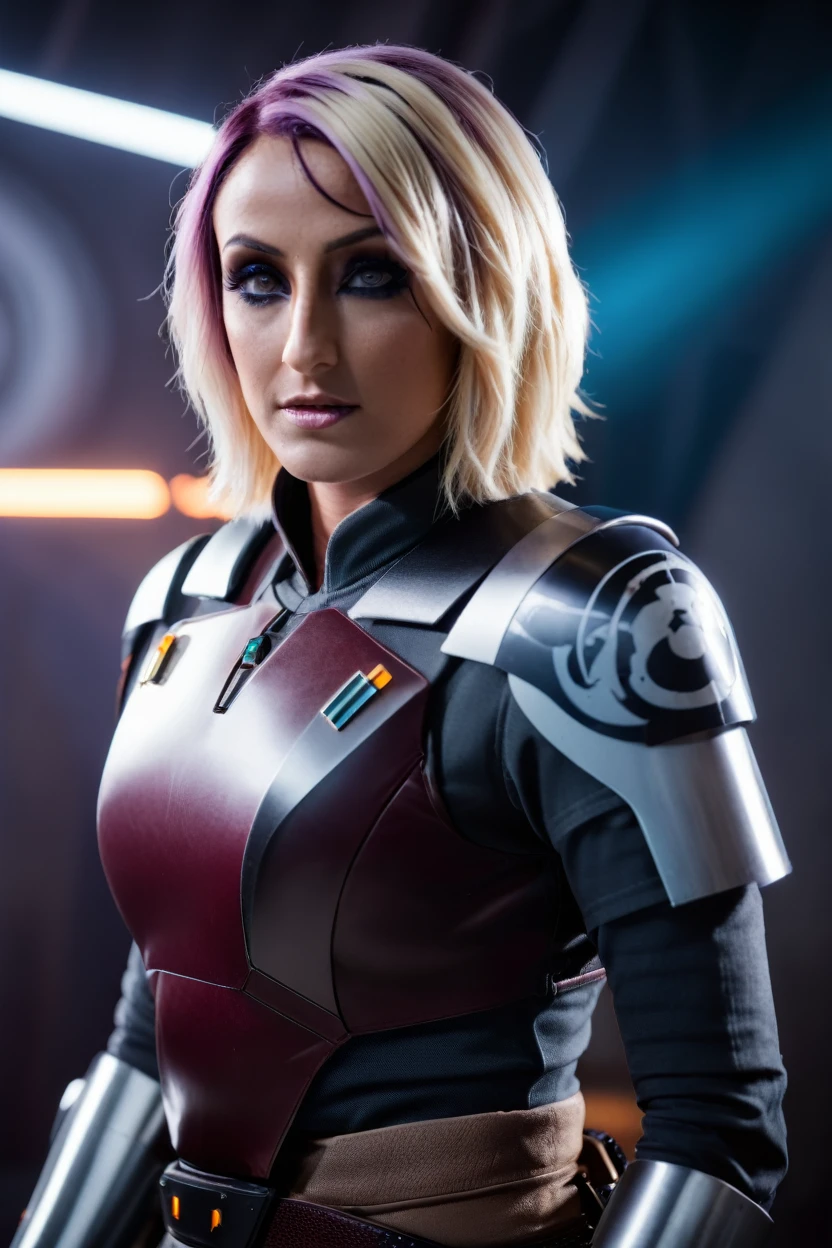 a photograph of a blonde Jessica Nigri cinematic photo sabine wren wearing armor at observatory. 35mm photograph, film, bokeh, professional, shot by david lachapelle, 4k, highly detailed