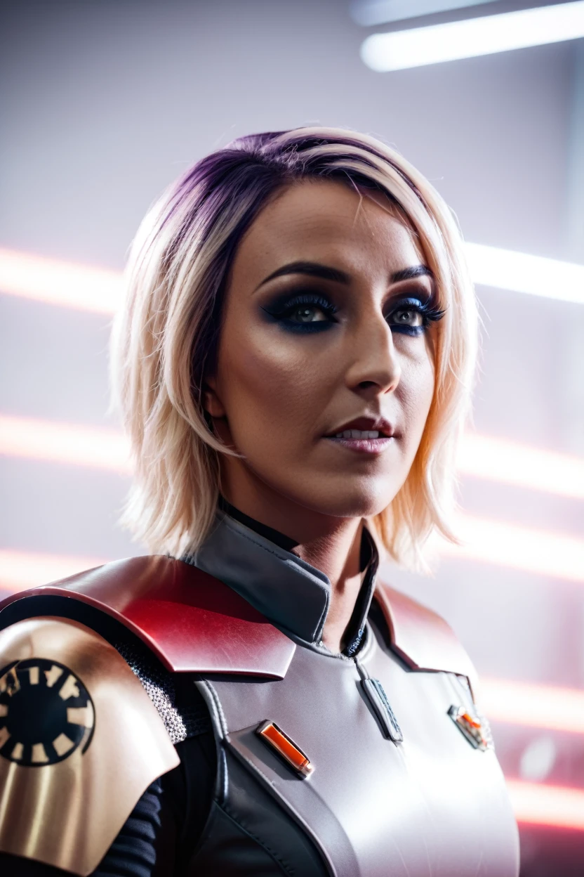 a photograph of a blonde Jessica Nigri cinematic photo sabine wren wearing armor at observatory. 35mm photograph, film, bokeh, professional, shot by david lachapelle, 4k, highly detailed