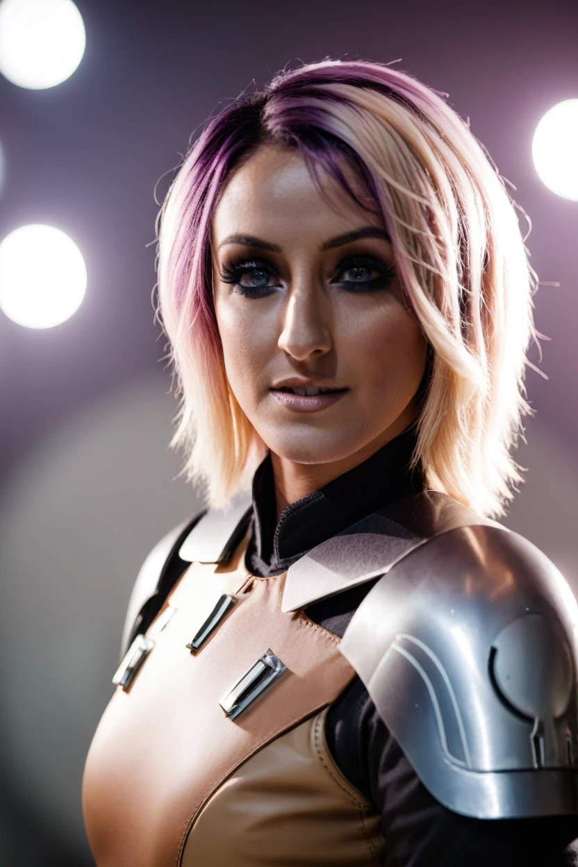 a photograph of a blonde Jessica Nigri cinematic photo sabine wren wearing armor at observatory. 35mm photograph, film, bokeh, professional, shot by david lachapelle, 4k, highly detailed