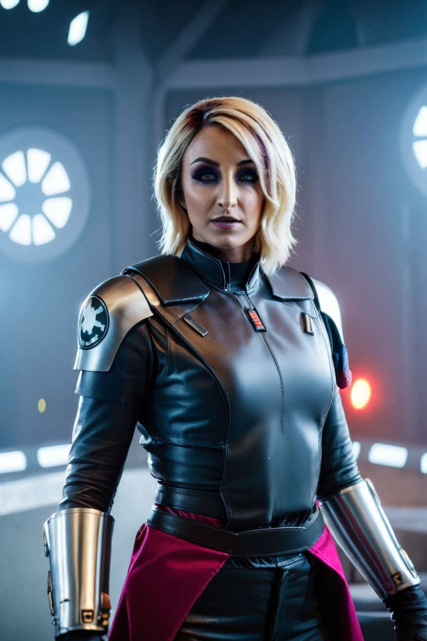 a photograph of a blonde Jessica Nigri cinematic photo sabine wren wearing armor at observatory. 35mm photograph, film, bokeh, professional, shot by david lachapelle, 4k, highly detailed