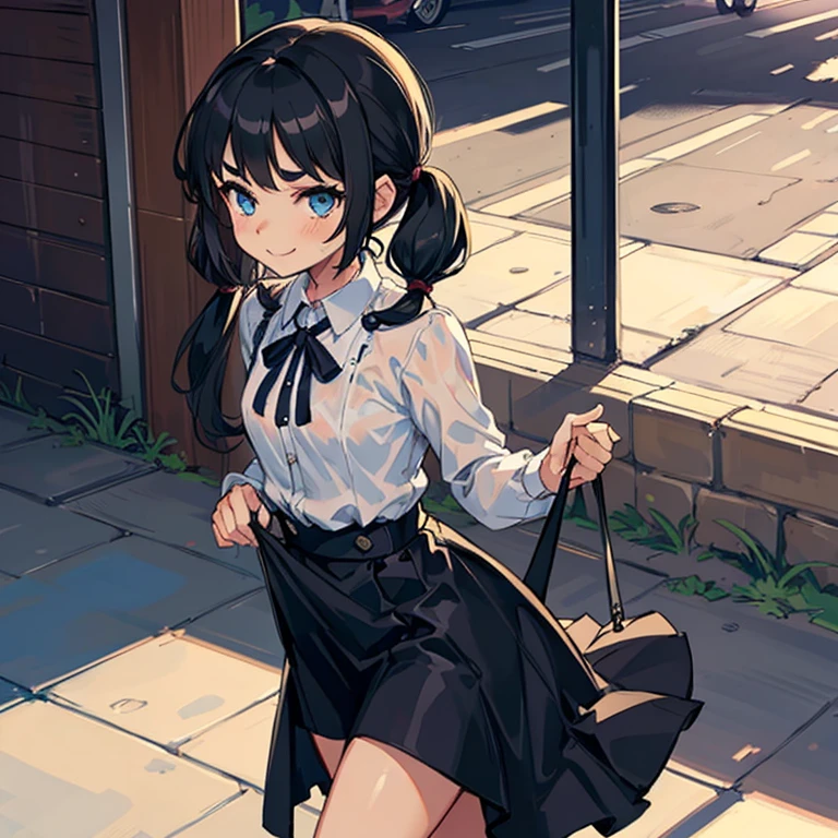 Young girl with black hair, long twintail,  twintail hairstyle, (blue eyes),, ((small bushy eyebrows)), wearing gothic ****ta clothing, ****con , walking to school, flirty smile, ,sitting with open legs, lifting her skirt to show her vagina wet with semen