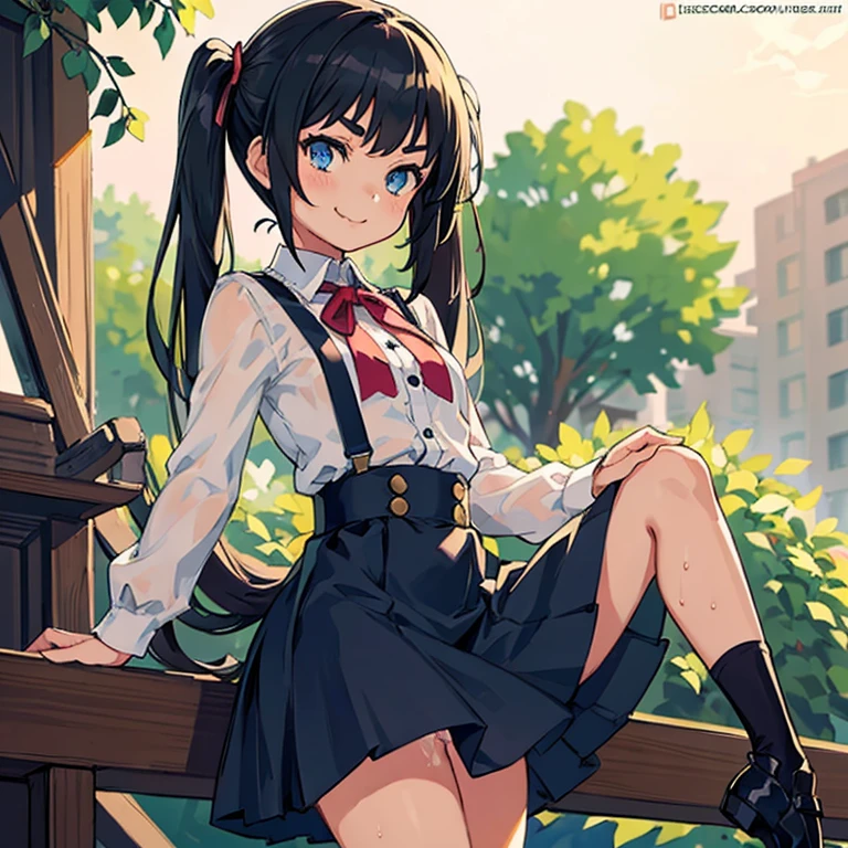 Young girl with black hair, long twintail, twintail hairstyle, (blue eyes), ((small bushy eyebrows)) wearing gothic lolita clothing, lolicon , walking to school, flirty smile,, walking to school, bored look, bored face,, (sitting with legs open lifting her skirt to show her vagina wet with semen),
