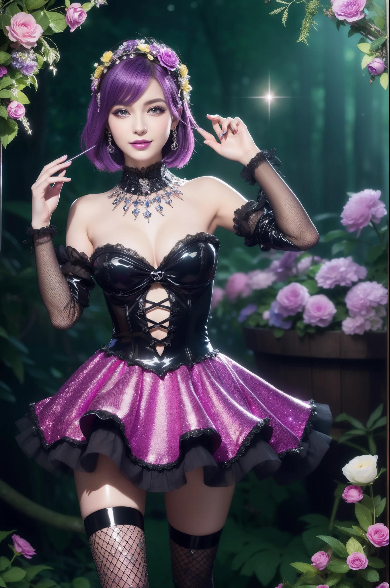 sexy stylish German model who controls poison、beautiful smile、lipgloss、long lashes、dramatic makeup、look at the camera、full body Esbian、、sparkling poisoned enchanted lucid flower costume with flowers、、、、shiny sparkling colorful short hair、secrete poison、skull hair accessories、fishnet tights、shiny sparkling dark magic forest background