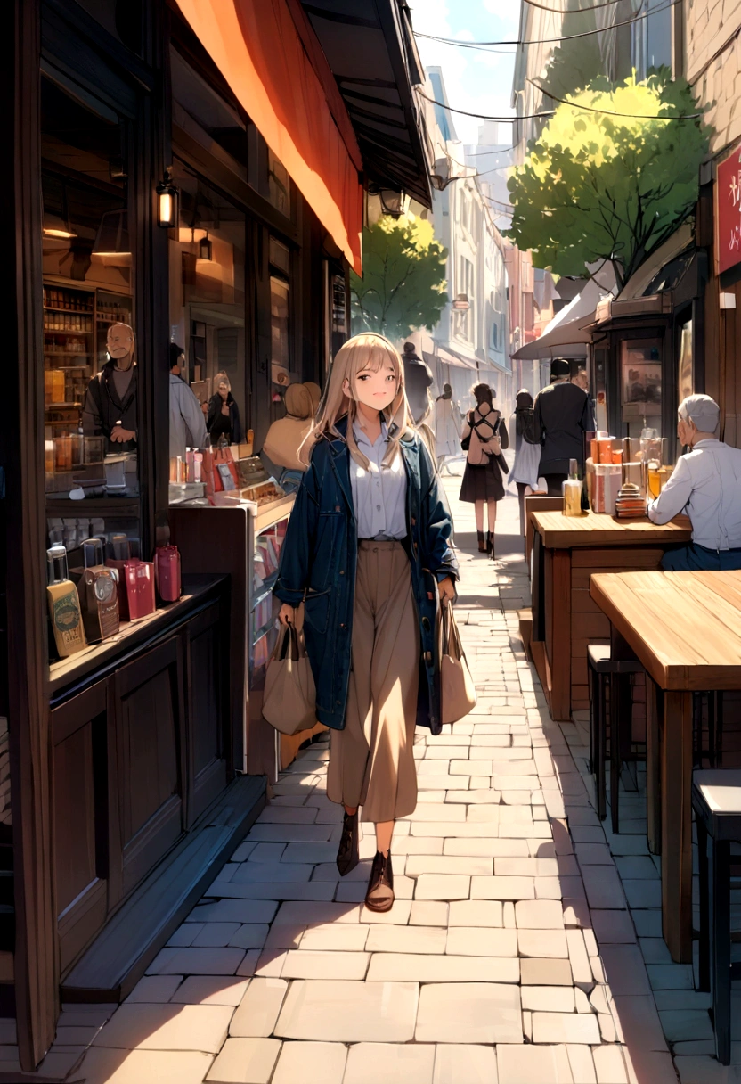  The man, with a friendly smile, is approaching her, reaching out to pick up some of the bags. The woman's expression is one of relief and gratitude. In the background, there are a variety of shops, cafes with outdoor seating, and other people passing by, creating a vibrant and dynamic scene. Colors should be vivid and details incredibly sharp, capturing the texture of clothing, natural lighting, and facial expressions accurately."