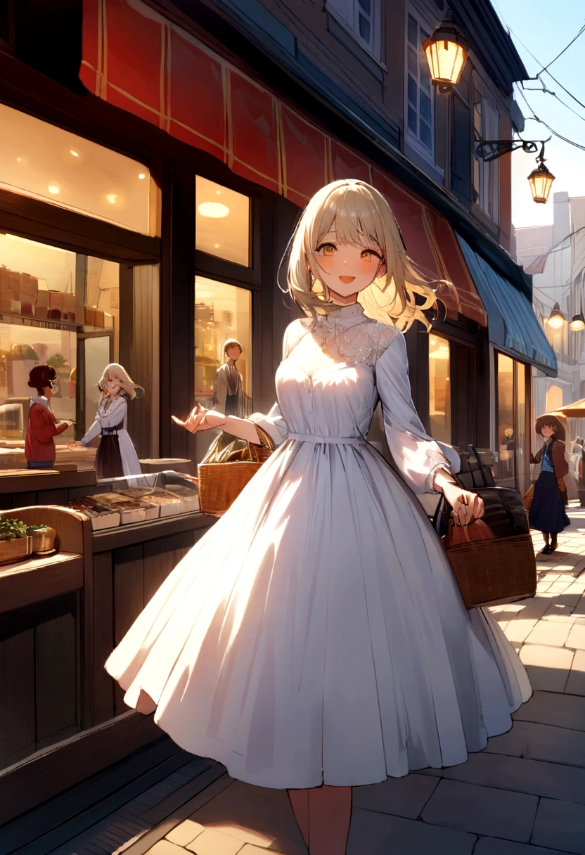The man, with a friendly smile, is approaching her, reaching out to pick up some of the bags. The woman's expression is one of relief and gratitude. In the background, there are a variety of shops, cafes with outdoor seating, and other people passing by, creating a vibrant and dynamic scene. Colors should be vivid and details incredibly sharp, capturing the texture of clothing, natural lighting, and facial expressions accurately."