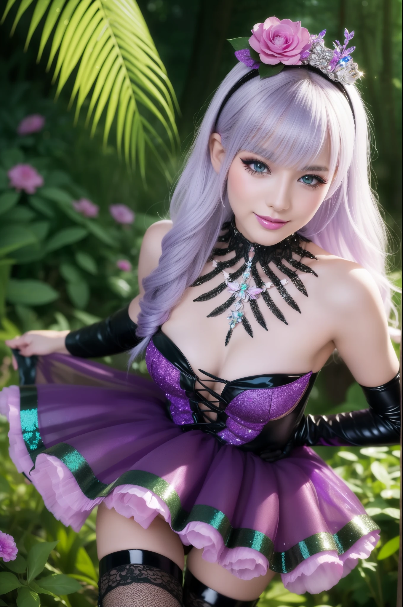 sexy stylish German model who controls poison、beautiful smile、lipgloss、long lashes、dramatic makeup、look at the camera、full body Esbian、、sparkling poisoned enchanted lucid flower costume with flowers、、、、shiny sparkling colorful short hair、secrete poison、skull hair accessories、fishnet tights、shiny sparkling dark magic forest background