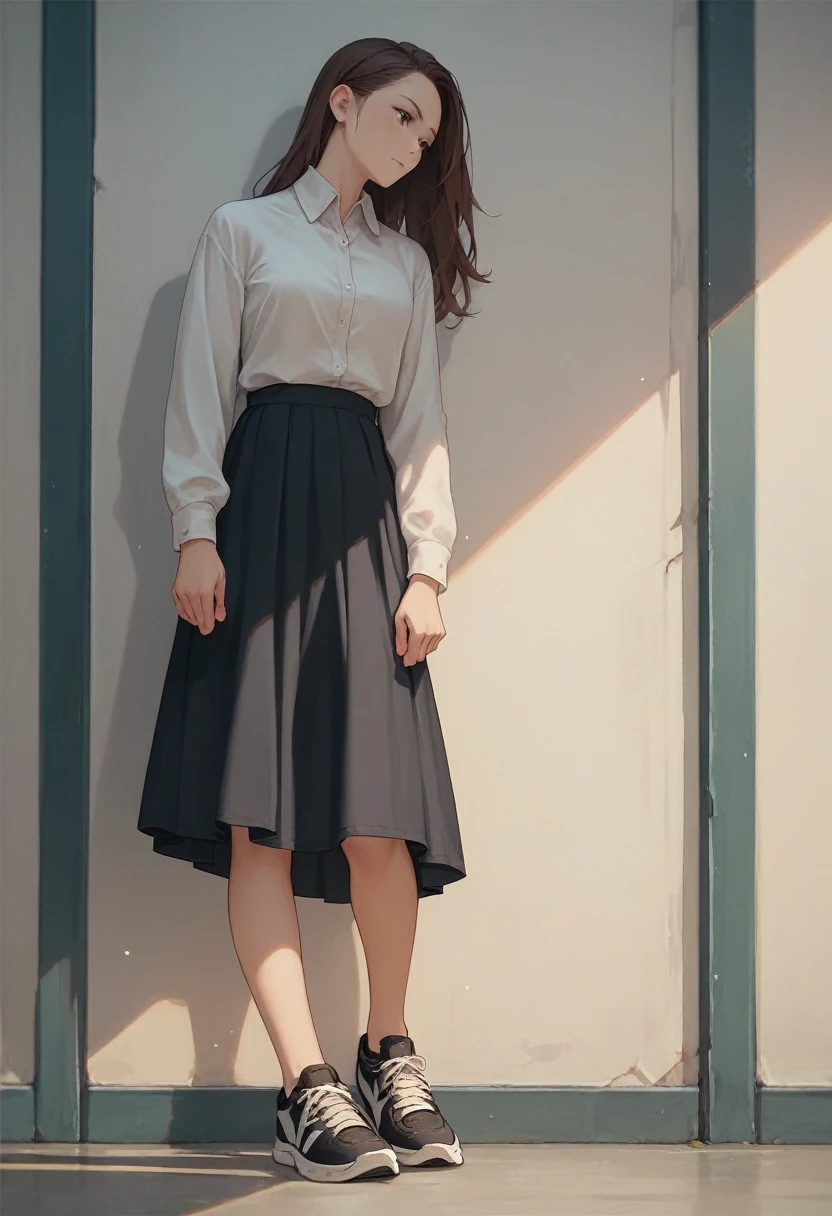 Miniskirt, dress shirt, long brown hair, black sneakers, girl