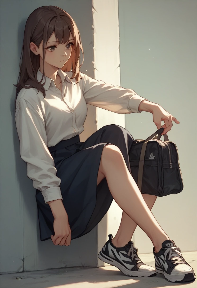 Miniskirt, dress shirt, long brown hair, black sneakers, girl