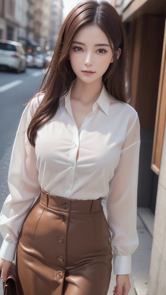 ((Highest quality, 8K, masterpiece :1.3)), Sharp focus :1.2, Beautiful woman with perfect figure :1.4, Slim Abs :1.2, ((Dark brown hair, :1.2)), (White button-up long shirt :1.1), City Street:1.2, Highly detailed face and skin texture, fine grain, double eyelid、Large Breasts、Cleavage、good