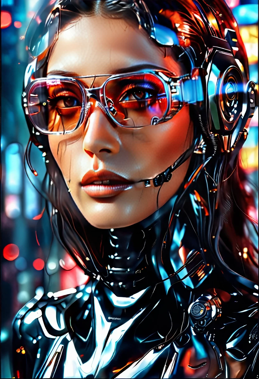 Arafed a picture of a human female spy, wearing dark suit, wearing ((mecha glasses: 1.5))exquisite beautiful female, dynamic eye color, dynamic hair color, dynamic hair style, glasses has intricate mechanical part in it, high society gala event background, (Masterpiece: 1.5),  Vibrant, Ultra-high resolution, High Contrast, masterpiece:1.2, highest quality, Best aesthetics), best details, best quality, highres, ultra wide angle, 16k, [ultra detailed], masterpiece, best quality, (extremely detailed), Mechanical Creatures