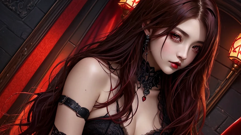 maximum quality、8K、Masterpiece artwork：16.9、gothic punk、red internal color、A brunette、hair ornaments、a beautiful girl、creative、dark fantasy style、Gothic Neogooda：16.9, a sexy girl made up sexual showing all her sexuality
