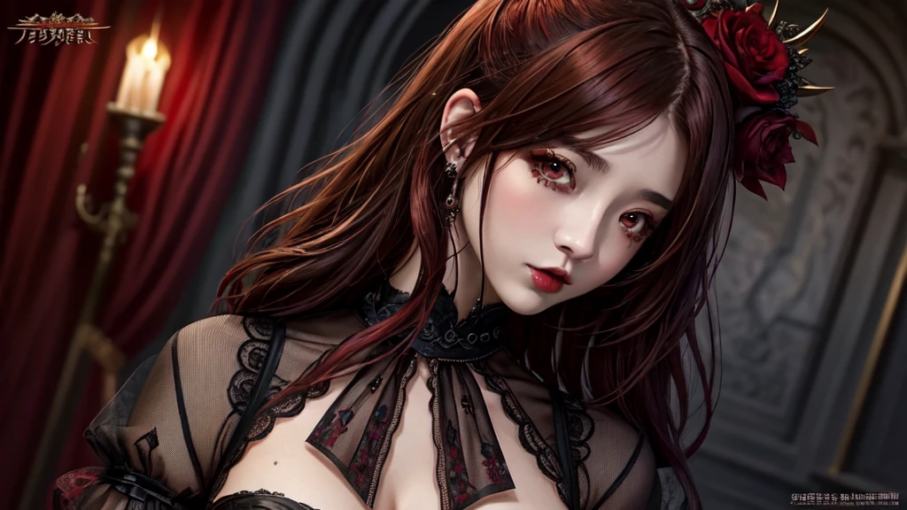 maximum quality、8K、Masterpiece artwork：16.9、gothic punk、red internal color、A brunette、hair ornaments、a beautiful girl、creative、dark fantasy style、Gothic Neogooda：16.9, a sexy girl made up sexual showing all her sexuality
