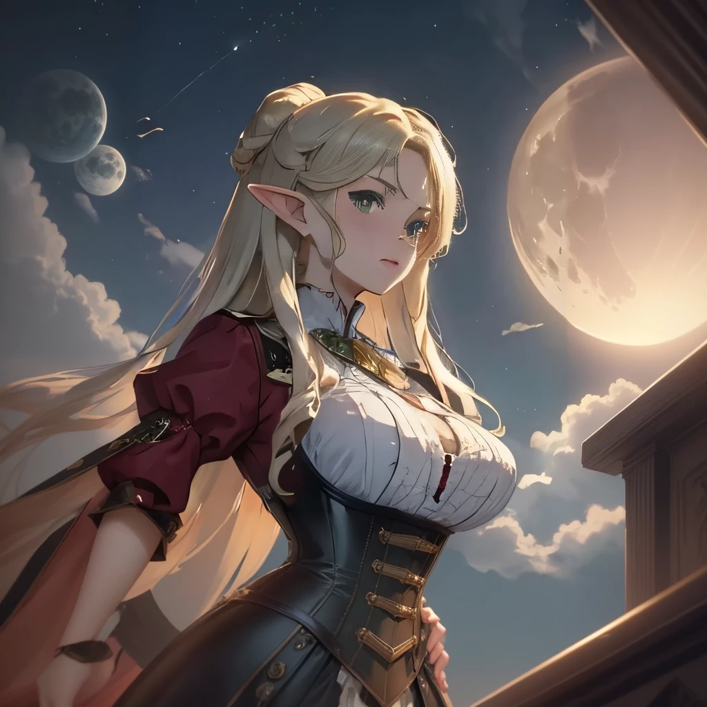 Sophisticated elf woman, steampunk, dress , muted colors, sephia filter, mature, well endowed bust, Victorian era, detailed eyes, long blond hair blowing in the night breeze, emerald green eyes , long full length skirt, blouse, underbust corset, tall, milf, leather corset, embroidery on clothes, matured woman, sexy, white ribbed blouse, red dress with gold accents, plump, thick, thicc, thicker, full skirt, blouse open, cleavage showing, 1800’s, 19th century, steampunk elf maid, poker face, stern face, highly detailed image, on a balcony at night, large moon in the sky, balcony of a airship. Stary night in background, flying through the sky on a zeppelin, countyside far below, large silvery moon, bathed in moonlight,