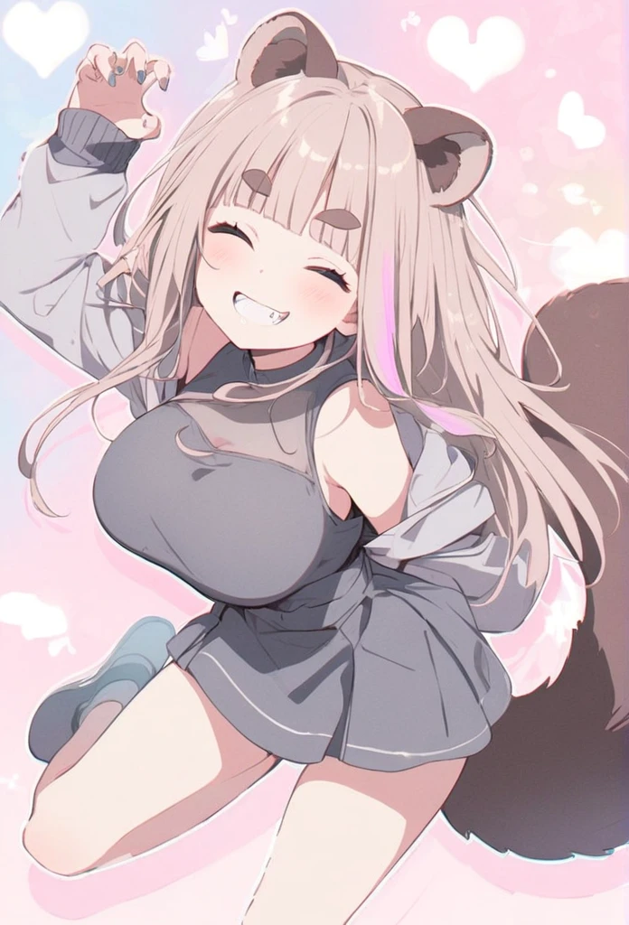anime,(pale colors:1.8),long shot, 1girl, (on right:1.3), full body, solo, grin, smile, closed eyes, dynamic angle, jumping high, claw pose, fang, light pink hair, long hair, straight hair, racoon ears, racoon tail, (brown streaked hair:1.3), side braid, (blunt bangs) ,thick eyebrows, big breast, off shoulder clothes, cutout, heart background, shadow,