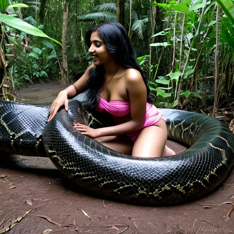  Topless  pink thong wearing aroused horny beautiful happy indian   girl  vs  Giant black anaconda    monster wrapped around her body squeezing her in coiled embrace cuddling and kissing  sexual erotic bestiality  sex  realistic in the rainforest full body, best quality wet 