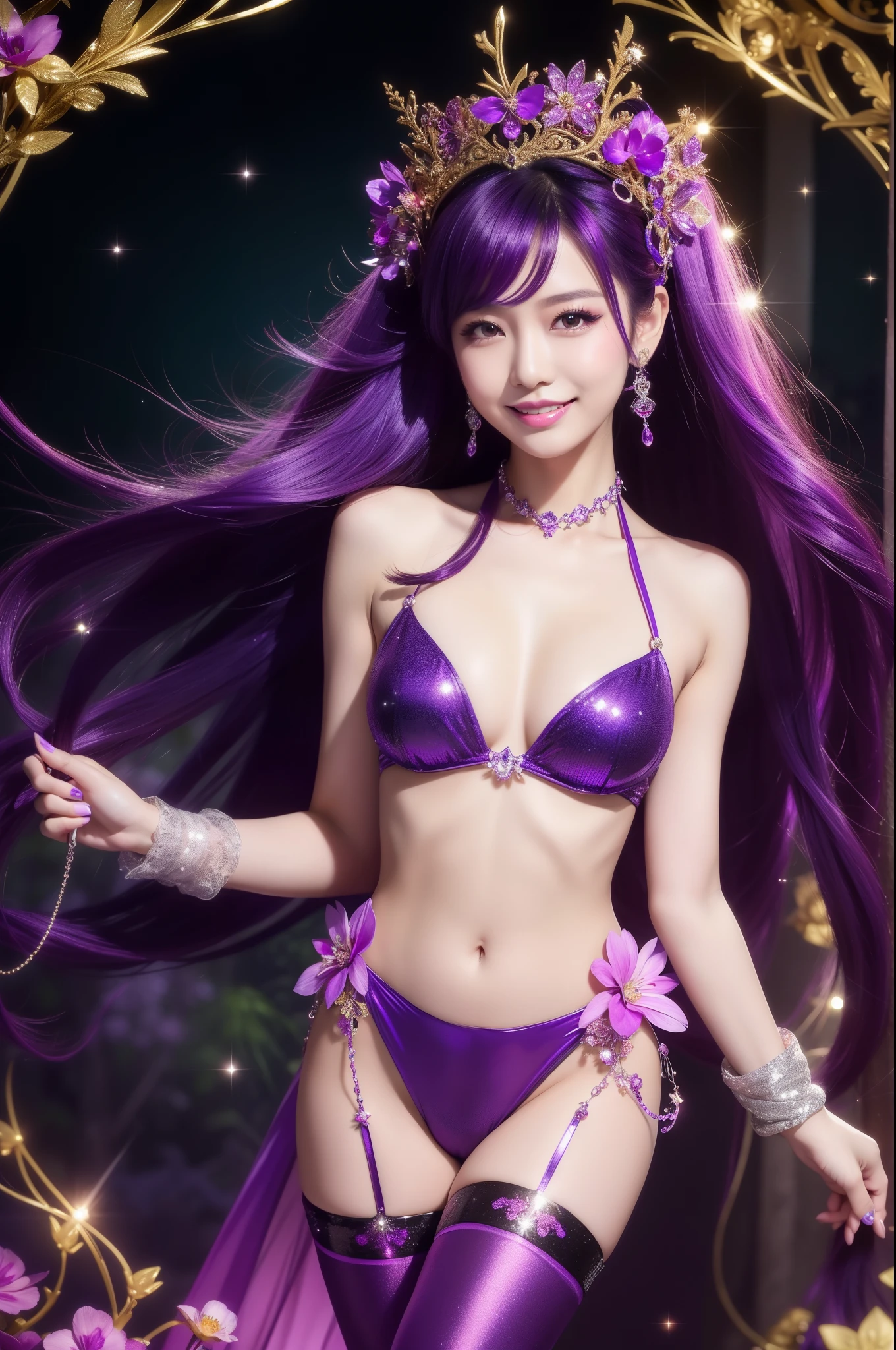 y Thai model who controls poison、beautiful smile、lipgloss、intense makeup、look at the camera、full body Esbian、、sparkling poisoned flower costume (purple)、、、、shiny sparkling multicolor hair、secrete poison、skull hair accessories schnet tights (purple)、shiny sparkling dark magic forest background