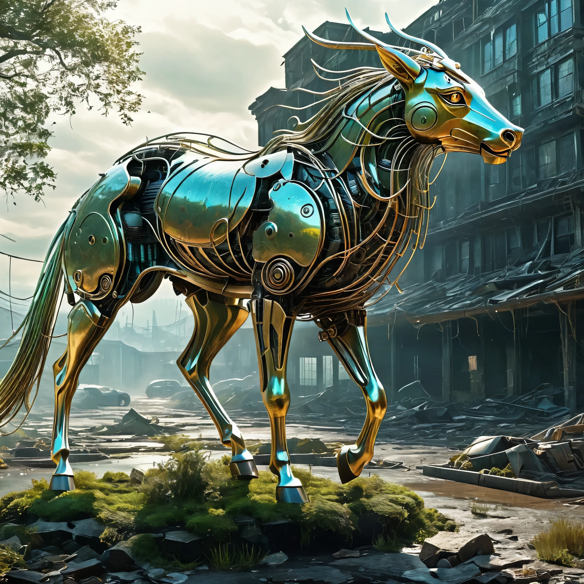 Inspire an AI-generated image of a mythical creature in a post-apocalyptic setting. Combine elements of ancient folklore with futuristic decay and technology to create a hauntingly beautiful scene.