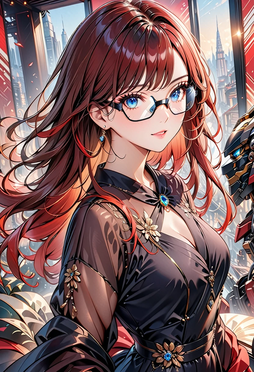 Arafed a picture of a human female spy, wearing dark suit, wearing ((mecha glasses: 1.5))exquisite beautiful female, dynamic eye color, dynamic hair color, dynamic hair style, glasses has intricate mechanical part in it, high society gala event background, (Masterpiece: 1.5),  Vibrant, Ultra-high resolution, High Contrast, masterpiece:1.2, highest quality, Best aesthetics), best details, best quality, highres, ultra wide angle, 16k, [ultra detailed], masterpiece, best quality, (extremely detailed), Mechanical Creatures