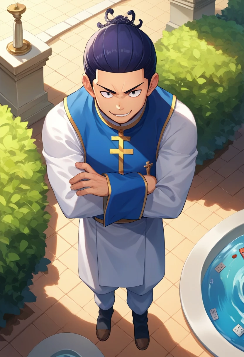 punctuation_9, punctuation_8_High above, punctuation_7_High above, fountain_アニメ, standing alone, male focus, 1 young boy, all aoi, muscular, cicatriz, pretentious smile, gazing at viewer, crossed arms, priest clothes, identification tags 