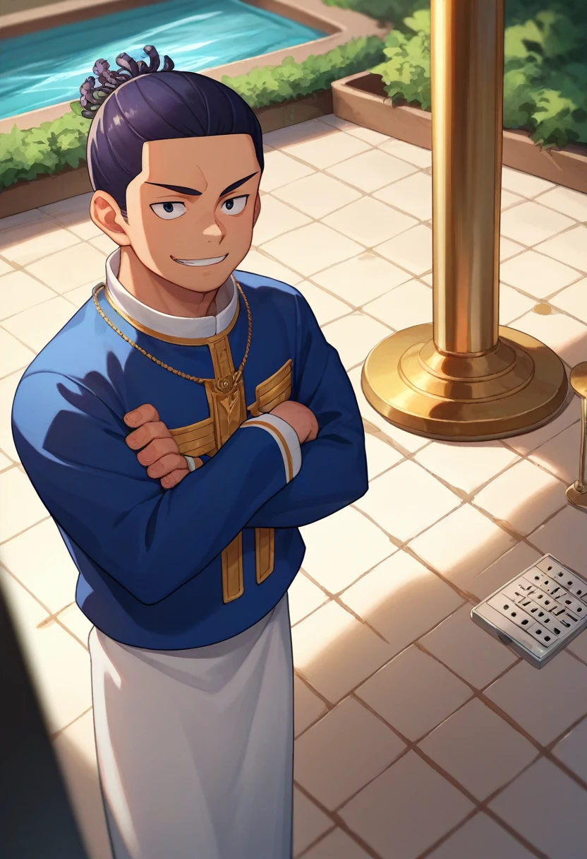 punctuation_9, punctuation_8_High above, punctuation_7_High above, fountain_アニメ, standing alone, male focus, 1 young boy, all aoi, muscular, cicatriz, pretentious smile, gazing at viewer, crossed arms, priest clothes, identification tags 