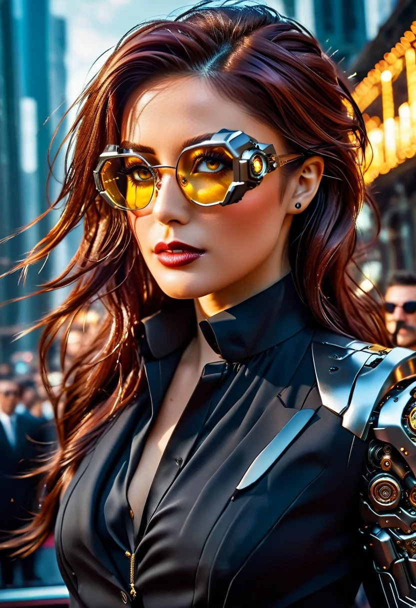 Arafed a picture of a human female spy, wearing dark suit, wearing ((mecha glasses: 1.5))exquisite beautiful female, dynamic eye color, dynamic hair color, dynamic hair style, glasses has intricate mechanical part in it, high society gala event background, (Masterpiece: 1.5),  Vibrant, Ultra-high resolution, High Contrast, masterpiece:1.2, highest quality, Best aesthetics), best details, best quality, highres, ultra wide angle, 16k, [ultra detailed], masterpiece, best quality, (extremely detailed), Mechanical Creatures