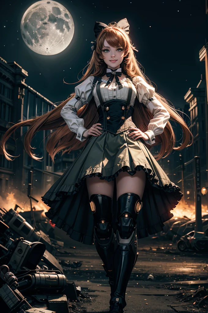 smile, hands on hips, underbust, Penny Polendina, long hair, neck ribbon, suspender skirt, corset, black bow, white blouse, mechanical legs, neon trim, outdoors, dynamic pose, night, stars, moon, walking with crowd on old suspension bridge, river, wrecked vehicle, post-apocalypse, dystopian future, crowd, (crowd in military uniforms), bonfires,