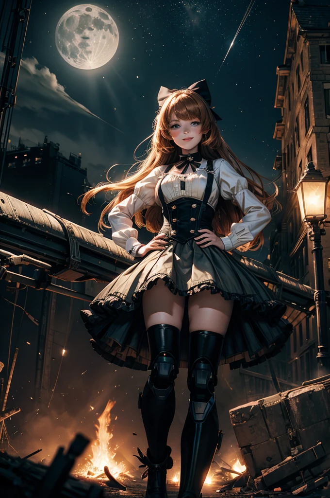 smile, hands on hips, underbust, Penny Polendina, long hair, neck ribbon, suspender skirt, corset, black bow, white blouse, mechanical legs, neon trim, outdoors, dynamic pose, night, stars, moon, walking with crowd on old suspension bridge, river, wrecked vehicle, post-apocalypse, dystopian future, crowd, (crowd in military uniforms), bonfires,