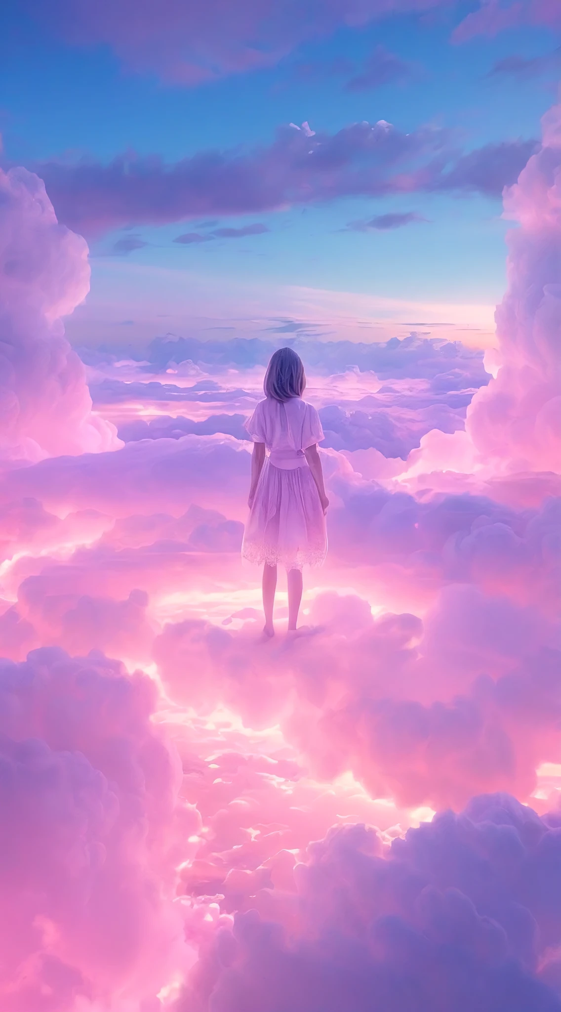 there is a girl standing in the clouds with her arms outstretched, lost in a dreamy fairy landscape, she is approaching heaven, girl clouds, fluffy pink anime clouds, dreamy psychedelic anime, standing on a cloud, she is arriving heaven, among the clouds, sitting on the cosmic cloudscape, surrounded in clouds and light, in the clouds, cloud goddess
