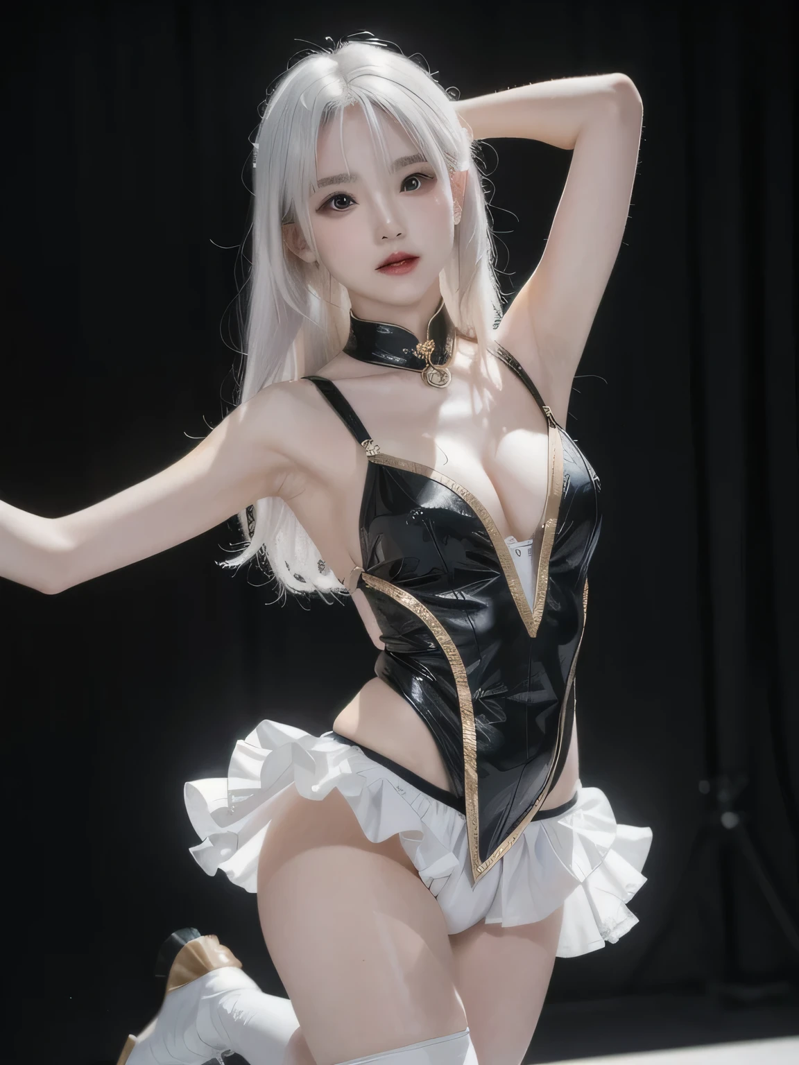 Capture your AI model in a dynamic pose, mid-dance move. Her clothing could be flowing and reveal glimpses of her form, but avoid being overly revealing. Focus on the energy and grace of the movement and the captivating expression on her face.,white hair, shiny hair, colored inner hair,Ice rose