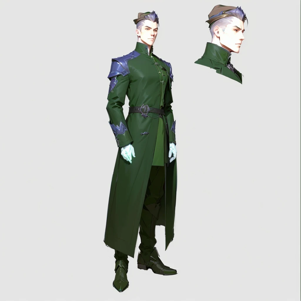 close-up of a man in a green coat and hat, ( ( character concept art ) ), detailed Full body concept art, Male character design, full body character design, detailed character design, full body character concept art, full body character concept, Full body concept art, single character concept art, human male character art, Official character art, unrealistic character concept