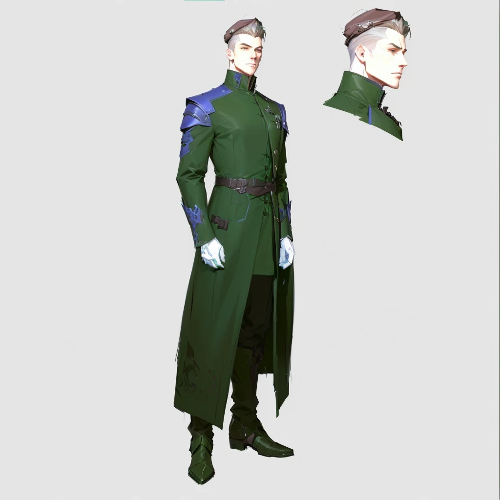 close-up of a man in a green coat and hat, ( ( character concept art ) ), detailed Full body concept art, Male character design, full body character design, detailed character design, full body character concept art, full body character concept, Full body concept art, single character concept art, human male character art, Official character art, unrealistic character concept