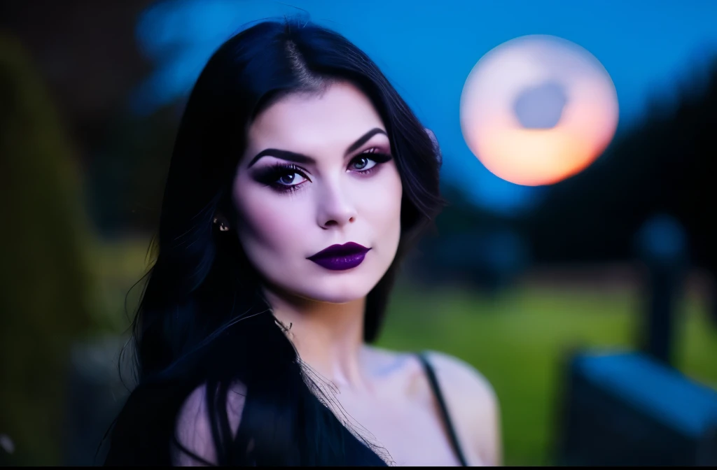 Generate a hyper-realistic image that employs the shallow depth of field technique to highlight a Gothic girl at ((night in a cemitery)) setting, (((under the moonlight))). Black hair, The girl should be the focal point, with crisp clarity, while the background of the Gothic cemitery should be gently blurred to create a bokeh effect. (((In the foreground, A Christian cross))) should be visible but blurred, adding depth to the composition.", adding depth to the composition. Sony Alpha A7R III, macros lens , f/5.6. ((Cinematic purple and magenta Lighting)) .