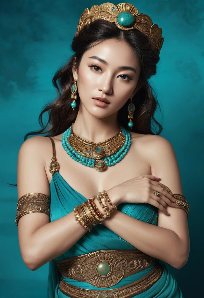 (A half-asian, asian-european, woman in the style of a greek goddess. bronze skin. Aphrodite, goddess, divine aura) (teal and bronze colours) (high contrast background) (wearing ancient jewellery on upper arms, neck, wrists, fingers) (polaroid camera) (RAW photo, nikon, 8k, Super detailed, advanced details, intricate details, Super detailed) (award-winning photo, masterpiece) (on a deserted Mediterranean beach) (((showing her pert ass))) ((shot from behind)) ((pussy from behind))