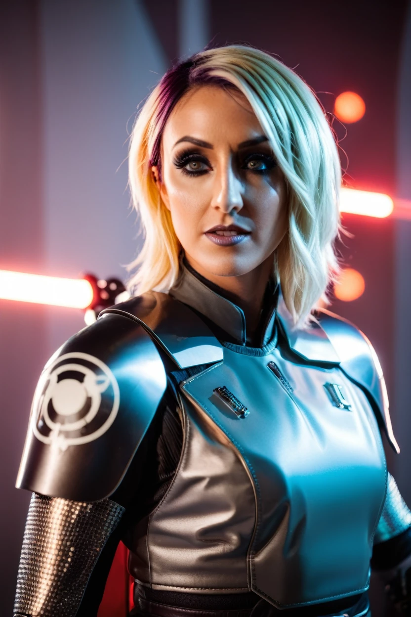 a photograph of a blonde Jessica Nigri cinematic photo sabine wren wearing armor at observatory. 35mm photograph, film, bokeh, professional, shot by david lachapelle, 4k, highly detailed
