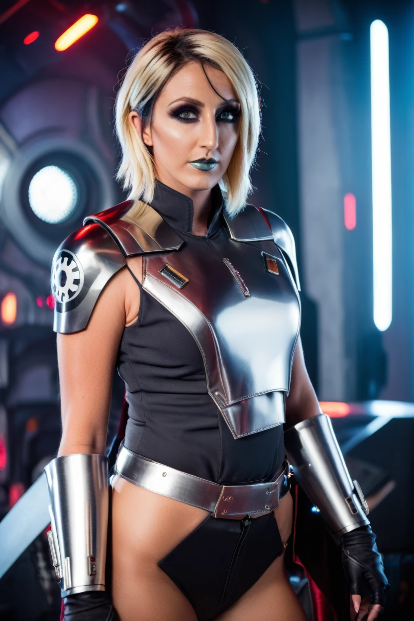 a photograph of a blonde Jessica Nigri cinematic photo sabine wren wearing armor at observatory. 35mm photograph, film, bokeh, professional, shot by david lachapelle, 4k, highly detailed
