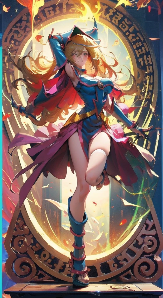 Dark magician girl beautiful smiling and sensual with her statuesque body goddess of the night with big breasts and huge hips blonde hair staring at the screen body from head to toe