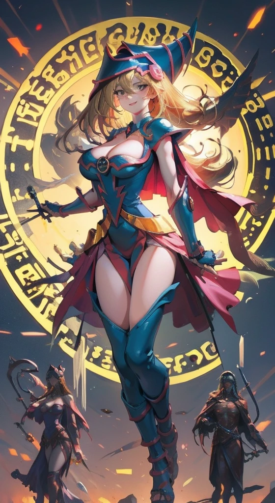 Dark magician girl beautiful smiling and sensual with her statuesque body goddess of the night with big breasts and huge hips blonde hair staring at the screen body from head to toe 