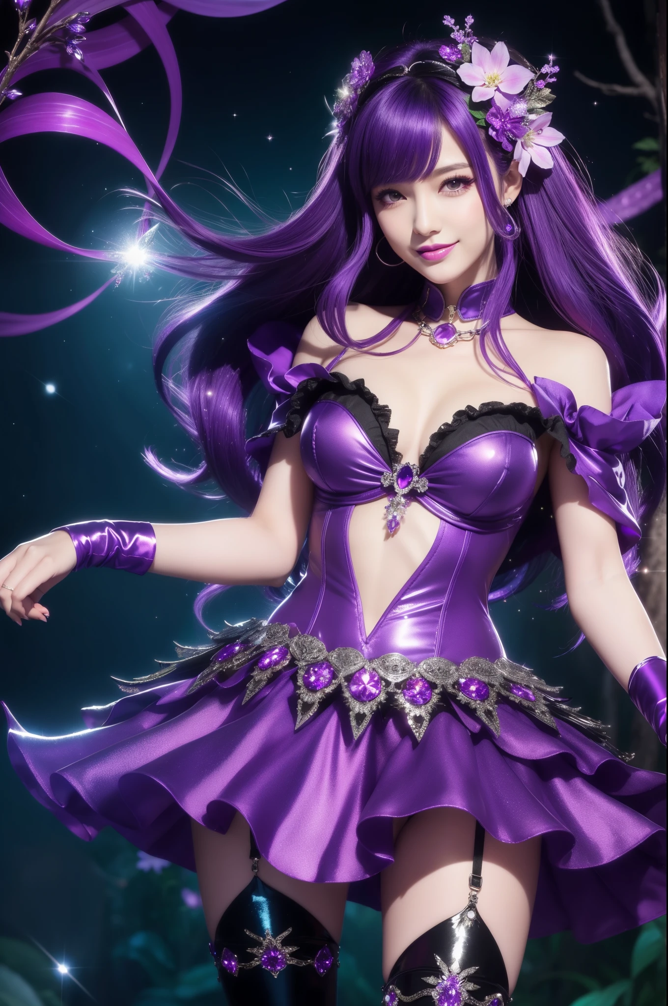 sexy stylish female who controls poison、beautiful smile、lipgloss、dramatic makeup、look at the camera、full body Esbian、、sparkling poisoned enchanted flower costume (purple)、、、、shiny sparkling multicolor hair、secrete poison、skull hair accessories schnet tights (purple)、shiny sparkling dark magic forest background
