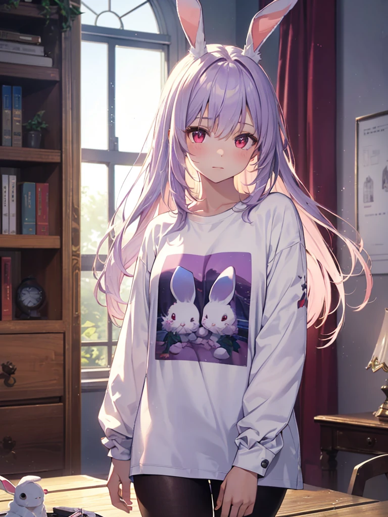 Realistic,highest quality, Ultra Detail, High-quality CG rendering, The most delicate and beautiful, Floating softly, High resolution, (1 girl), (Highest quality,4K,8K,masterpiece:1.2), Light purple hair,Rabbit,Bunny ears,Long Hair,Red eyes,(white oversized long sleeve t-shirt:1.3),Inside the room