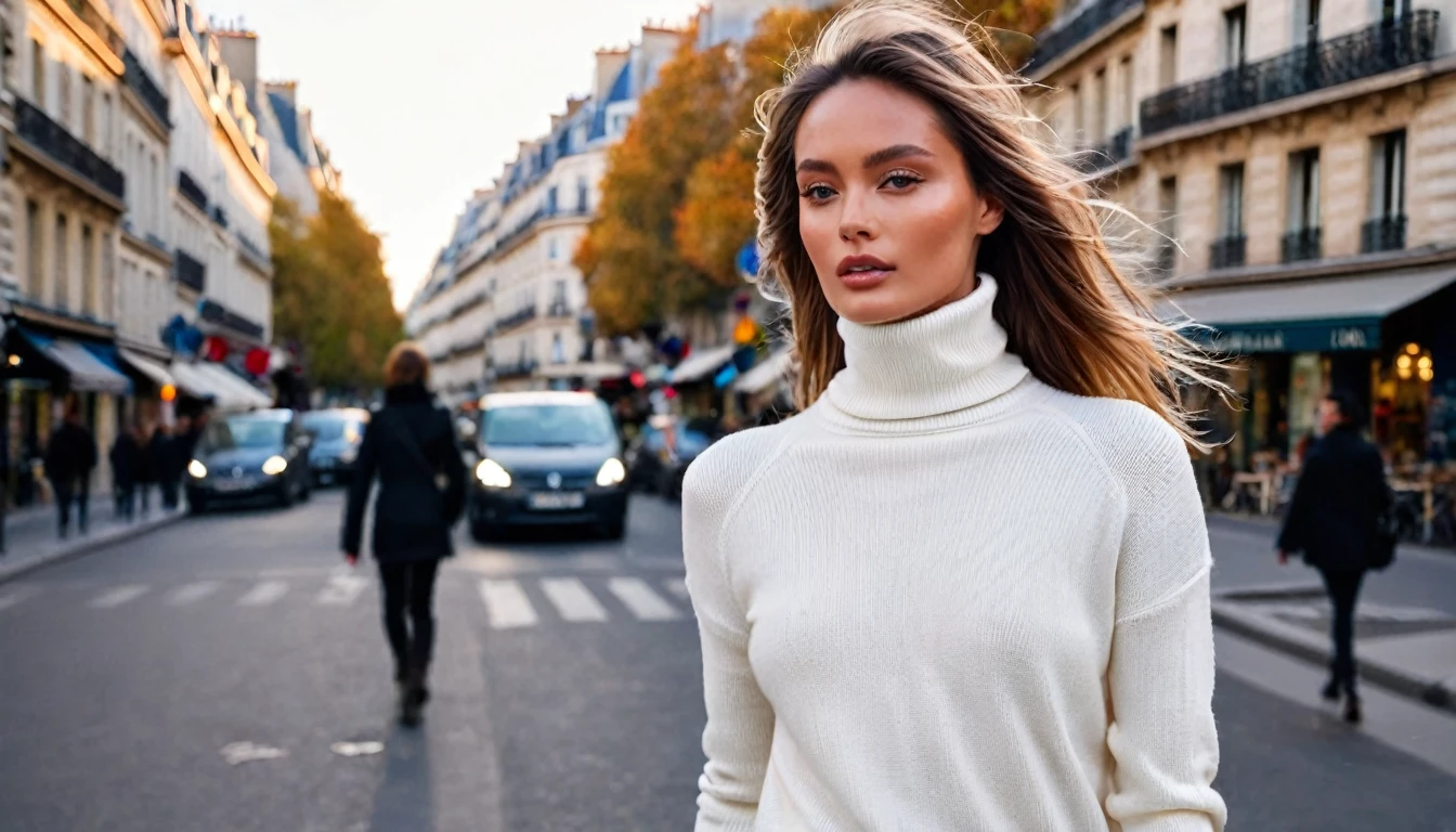 create a high quality photography of a female fashion model wearing white turtle neck sweater walking in on the street of Paris. The photography style is future dusk