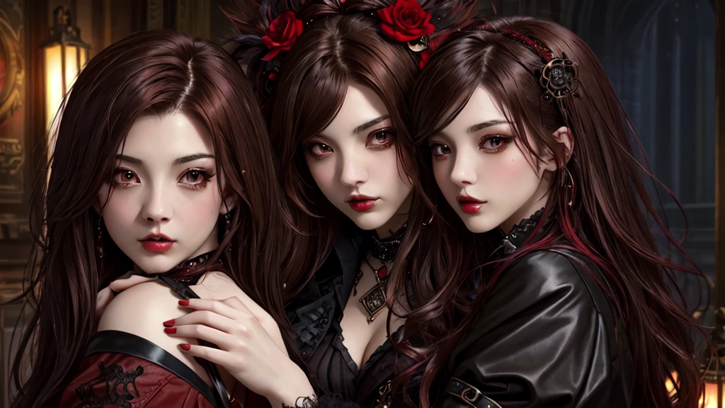 maximum quality、8K、Masterpiece artwork：16.9、gothic punk、red internal color、A brunette、hair ornaments、a beautiful girl、creative、dark fantasy style、Gothic Neogooda：16.9, a sexy girl made up sexual showing all her sexuality, steampunk style