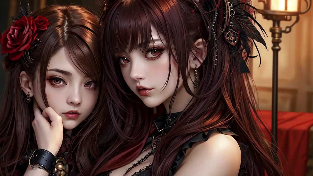 maximum quality、8K、Masterpiece artwork：16.9、gothic punk、red internal color、A brunette、hair ornaments、a beautiful girl、creative、dark fantasy style、Gothic Neogooda：16.9, a sexy girl made up sexual showing all her sexuality, steampunk style