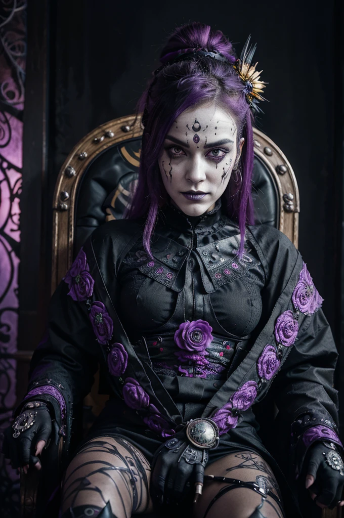 A hauntingly beautiful digital art piece featuring a demonic skull clown, masterfully created by Android Jones. The subject is depicted in intricate detail, with a dramatic smile and vibrant colors, in a captivating photorealistic illustration of a unique character. The character features a dark purple and green armor, adorned with intricate patterns and shiny accents. He wears black metal face paint, adding to the futuristic and gothic aesthetic. He sits on a throne-like chair, accompanied by an eerie skull, reflecting a fusion of cyberpunk and dark fantasy elements. The background is filled with vibrant, swirling colors of purple, red, and yellow, adding depth and dimension to the scene. The character's intense gaze and menacing expression reveal a mysterious and enigmatic personality. The artwork masterfully combines the ukiyo-e art style and modern goth