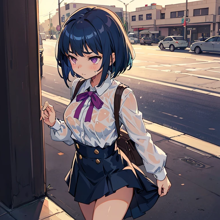 Young girl with blue hair,short straight hair and short bangs (purple eyes),, ((small bushy eyebrows)), wearing gothic lolita clothing, lolicon , medium large breast, breasts out of blouse, walking to school, bored look, bored face, , lifting her skirt to show her vagina wet with semen, having sex
