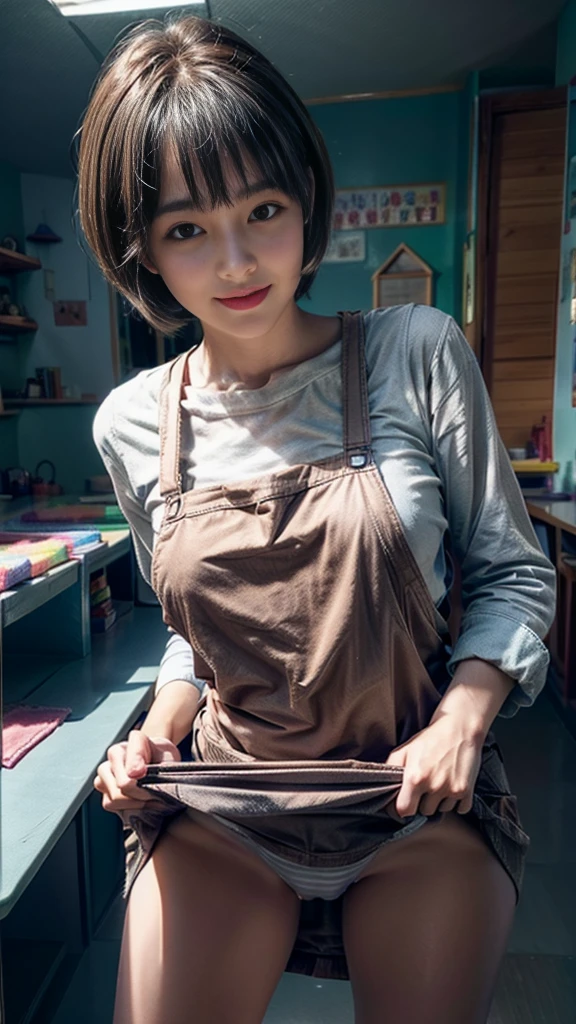 (((nsfw)))、close range、Beautiful woman、cute、((Female Nursery Teacher))、smile、Extra Very Short Hair、((Delicate photo)),(Detailed RAW photos of girls), (Tabletop:1.0), (Highest quality:1.6), (Ultra-high resolution:1.5), (Realistic:1.75), 8K resolution, Absurd, Ultra-detailed,Cinema Lighting,、nursery school、((Wearing an apron))、(Hairstyle with bangs)、Long sleeve T-shirt、((Colorful kids room:1.1))、((Lots of toys:1.))、((cute壁紙の部屋))、((Simple panties are visible:1.2))