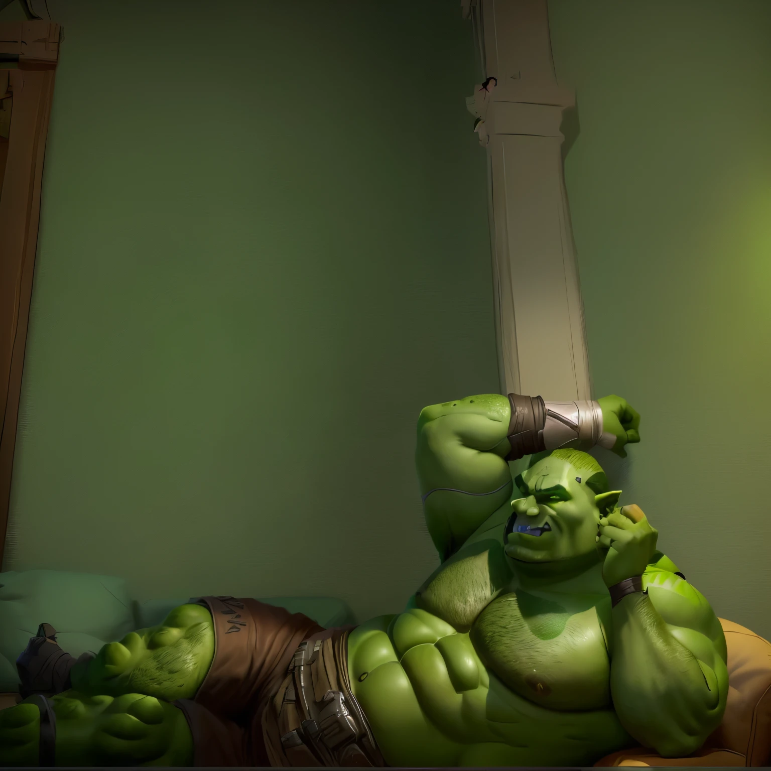 an orc is lying on the sofa, roadhog from observation, Pudge из Dota 2, thick, Gigachad muscular, rest after a hard battle, Heavy look, I take a hot majestic pose, torbjorn from observation, from observation, body tumor is about to explode, low quality video, overly large physique, (((green skin)))