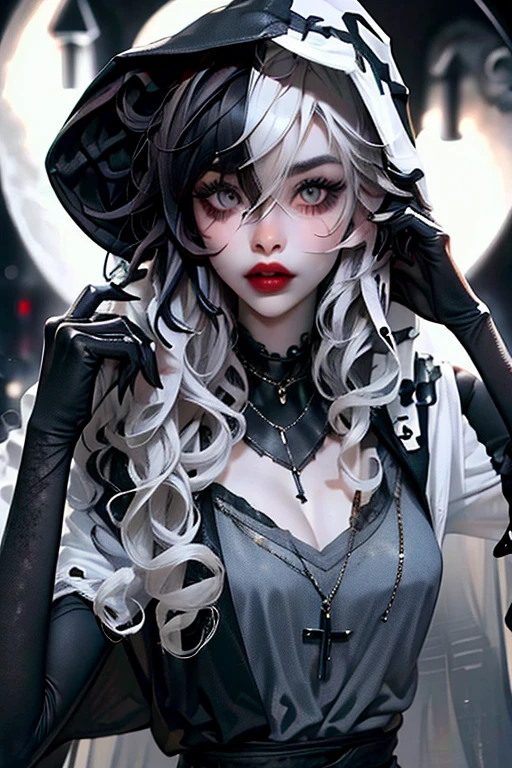 (masterpiece, best quality:1.2), ((detailed)), [graveyar:girl:0.9], 1girl, solo, beautiful, gothic, witch, gloomy, Asian woman, mature, black clothing, hooded black robe, modest clothing, hood up, goddess of death, blank expression, stoic expression, serious expression, split dye hair, multicolored hair, black and white hair, black dye on right side, white hair on left side, messy hair, bangs, black eyebrows, thick eyebrows, long eyelashes, grey eyes, dark circles under eyes, plump lips, red lipstick, red lips, no skin showing, skinny, pale skin, thin, sickly looking, looking at viewer, holding scythe, in graveyard, Wylona Hayashi, all black clothing, black hood, full body shot, cemetery background, standing, standing in a cemetery, holding scythe, windy, wind blowing, black long sleeves, black witch clothing, black religious clothing