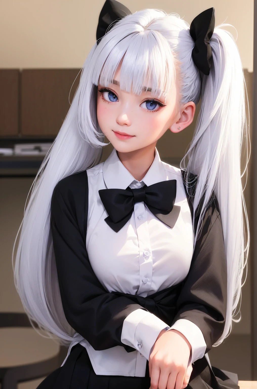(Realistic painting style:0.9), masterpiece, best quality, absurdres, looking at viewer, no pupils, alternate costume, 1girl, solo,white hair , black hair, multicolor hair, bow, purple bow, shirt, white shirt, looking at viewer, bangs, skirt, blue eyes, bowtie, multicolored hair, ponytail, long hair, frills, blush,collared shirt, black bowtie, hair bow, sitting, black skirt, bow-shaped hair, blunt bangs, smile, sidelocks, blue bow, shirt tucked in, sleeves rolled up, upper body, center frills, gradient hair, school dress shirt, light particles, blue hair, big breasts ,twintail, headphone, gameroomconcept,
