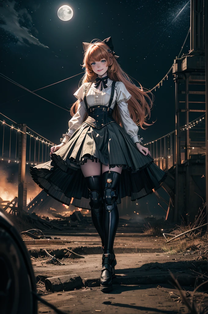 smile, Penny Polendina, long hair, neck ribbon, suspender skirt, corset, black bow, white blouse, mechanical legs, neon trim, outdoors, dynamic pose, night, stars, moon, walking with crowd on old suspension bridge, river, wrecked vehicle, post-apocalypse, dystopian future, crowd, (crowd in military uniforms), bonfires,